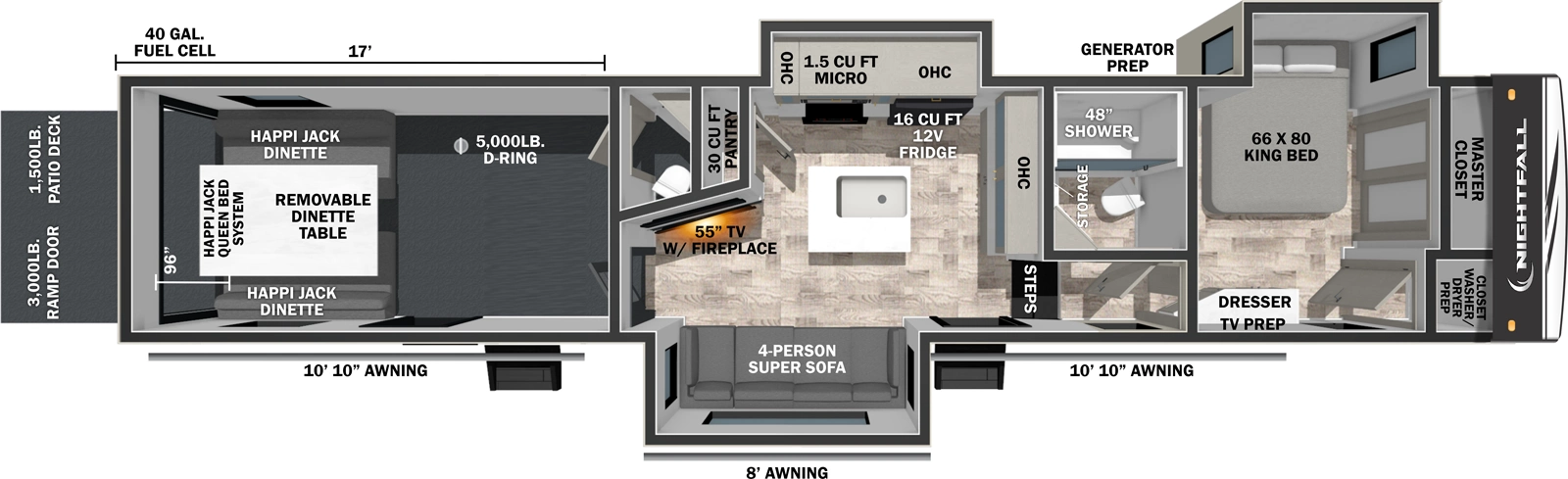 The Nightfall 397NHD floorplan is a toy hauler that has two entries and three slide outs. Exterior features include: fiberglass exterior, 10'10", 8' and 10'10" awning. Interiors features include: kitchen island, front bedroom and bathroom and a half.